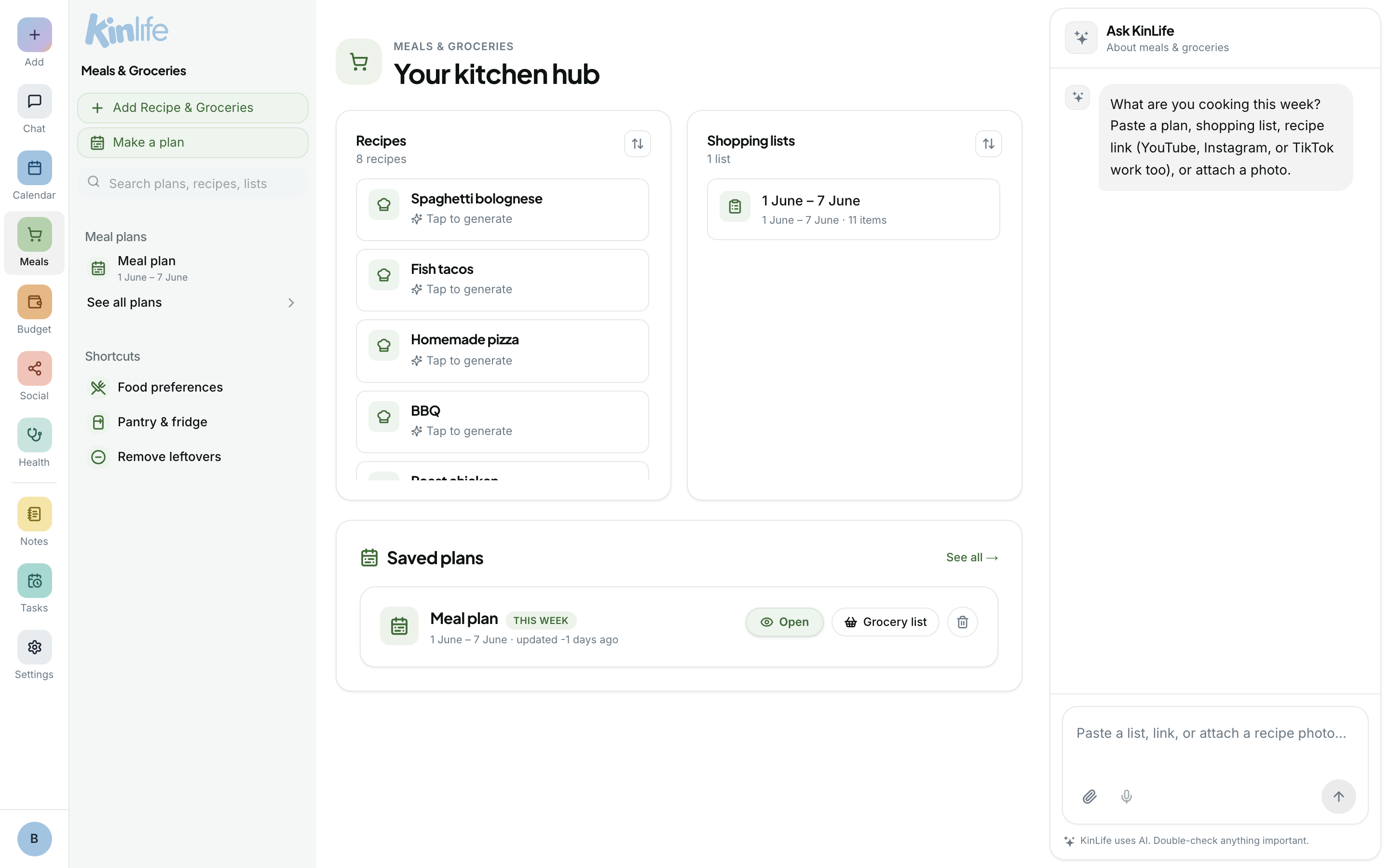 The Meals page with the weekly plan and shopping list alongside an embedded planning chat.