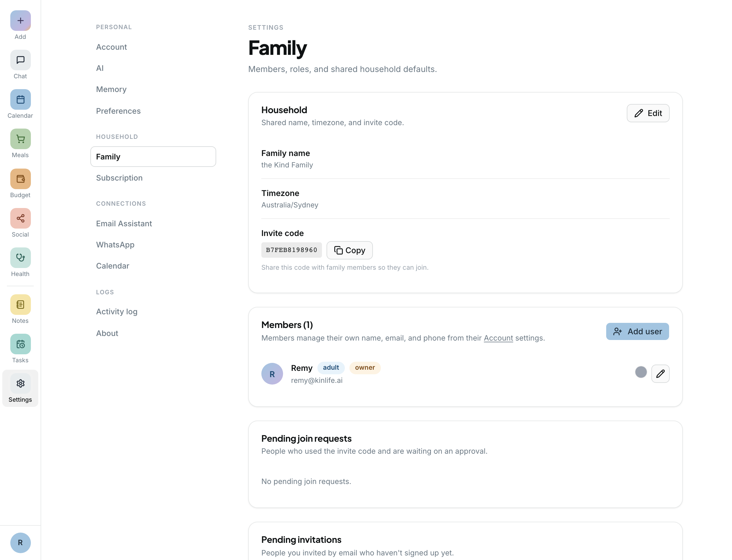The Family settings page for the Kind Family: household name, timezone, invite code, and a Members list with Remy as the owner.