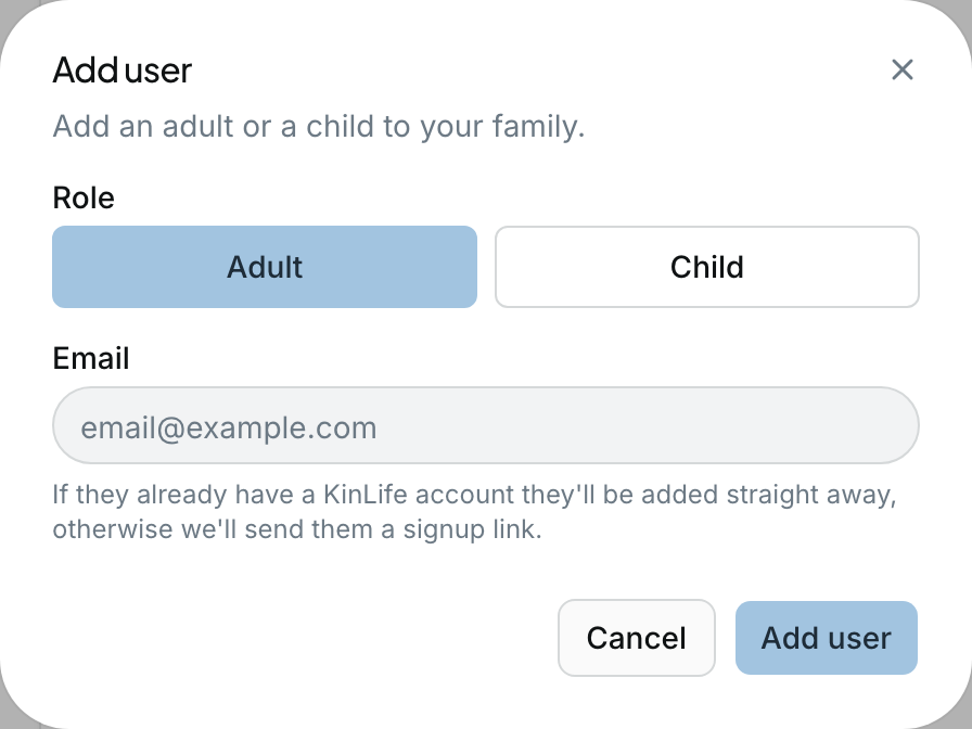 The Add user dialog with Adult selected and an email field, ready to invite Renee to the Kind Family.