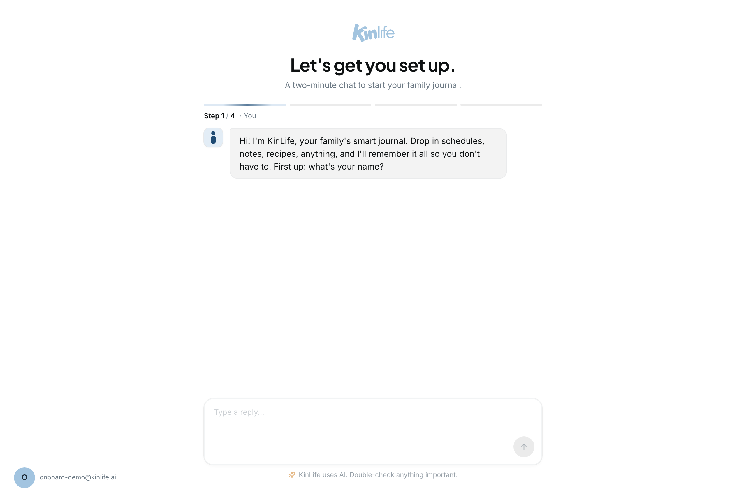 The onboarding chat opens with a friendly greeting and asks your name. The four-step progress bar sits up top.