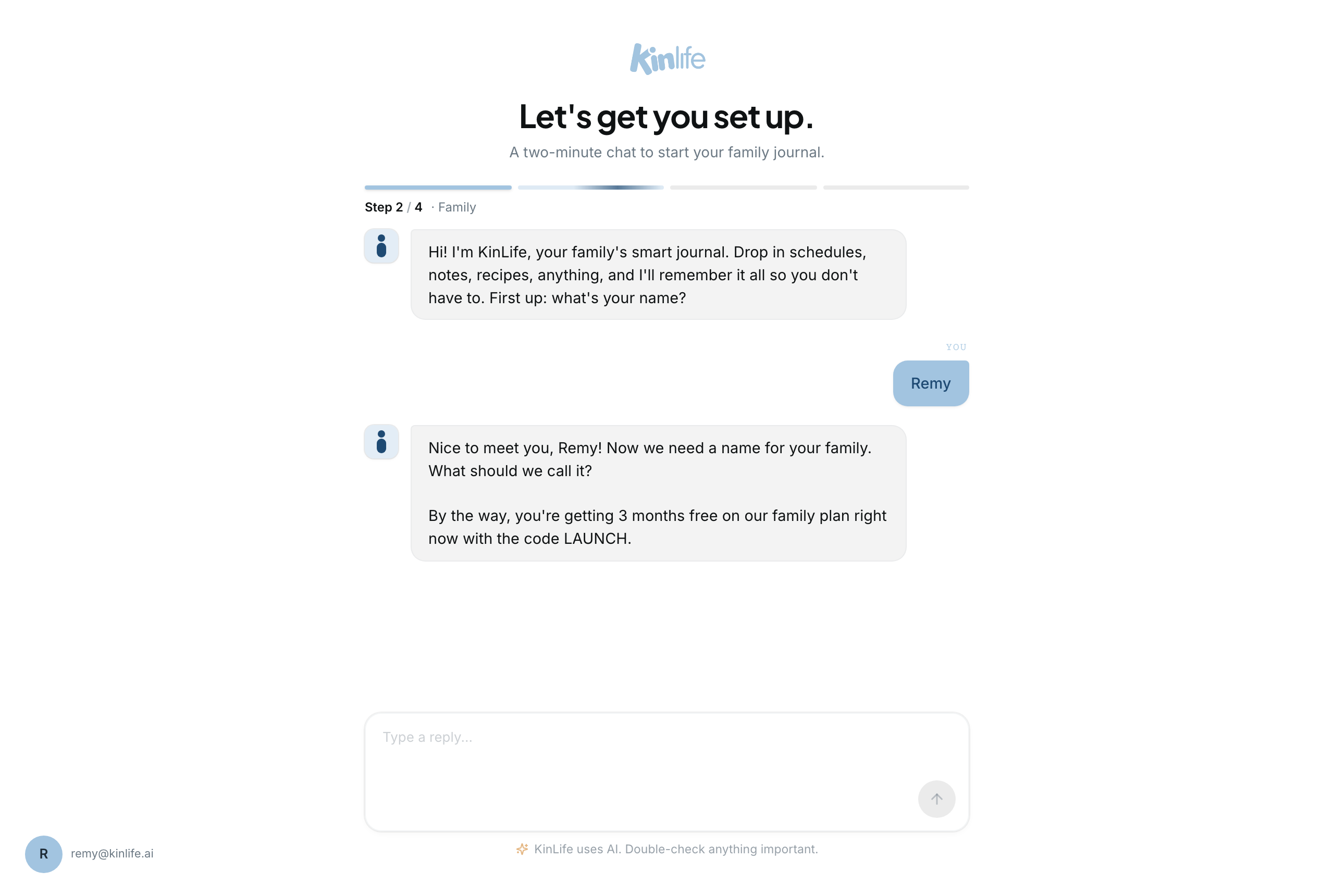 After you share your name, KinLife asks what to call your family and mentions that the Family plan is free during the launch period with the LAUNCH code.