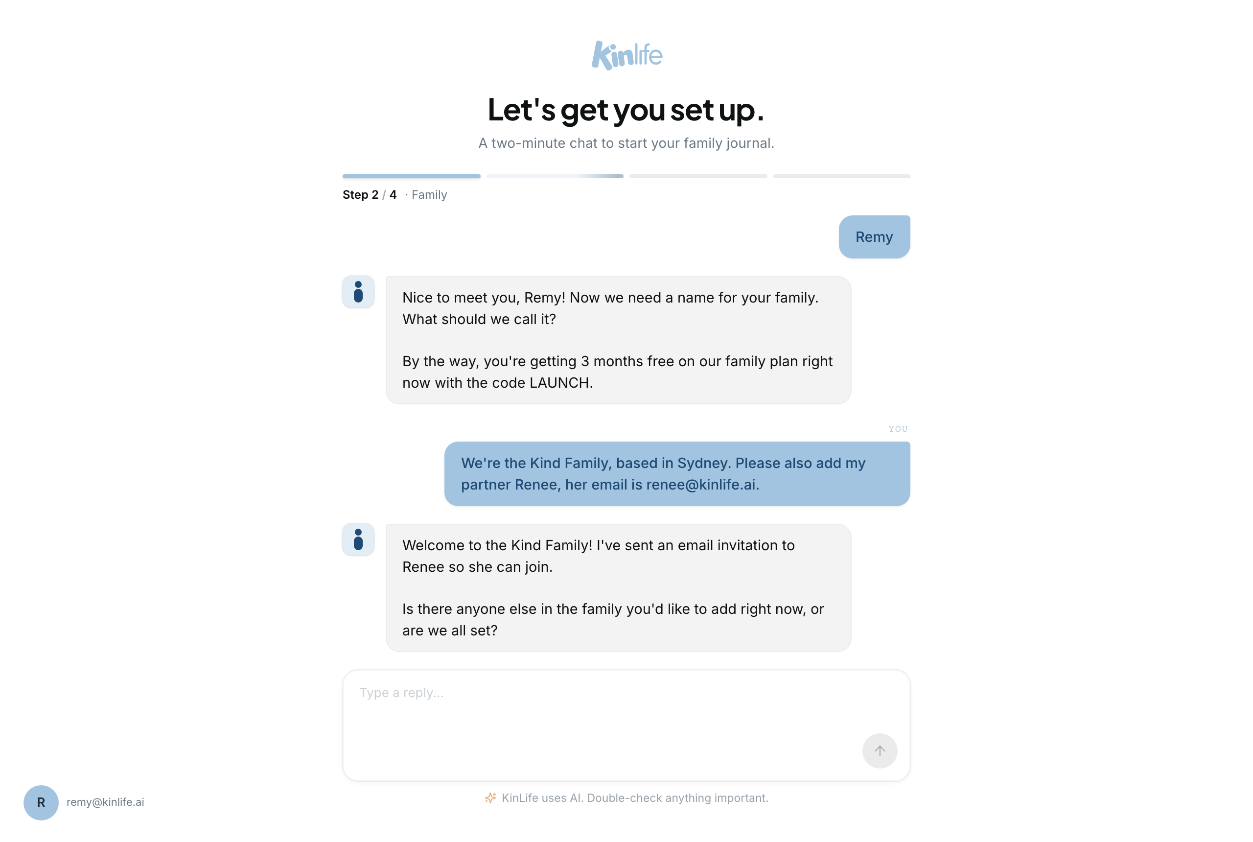 KinLife confirms the family is created, says it has emailed an invitation to the partner, and asks if anyone else should join.