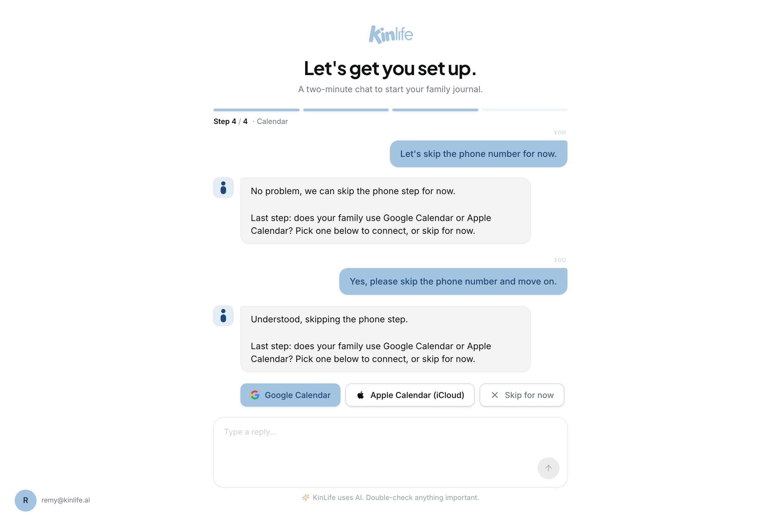 The calendar step offers Google Calendar, Apple Calendar (iCloud), and a Skip for now button.