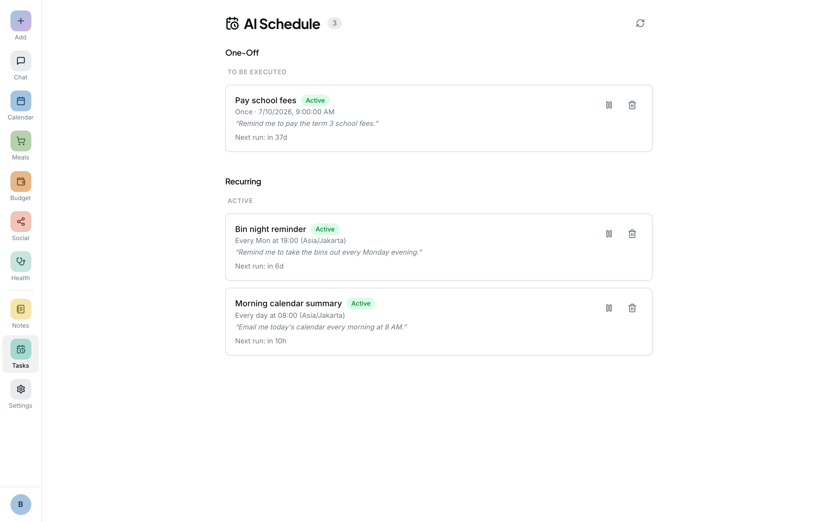 The AI Scheduler page, where recurring and one-off automated tasks are created and reviewed.