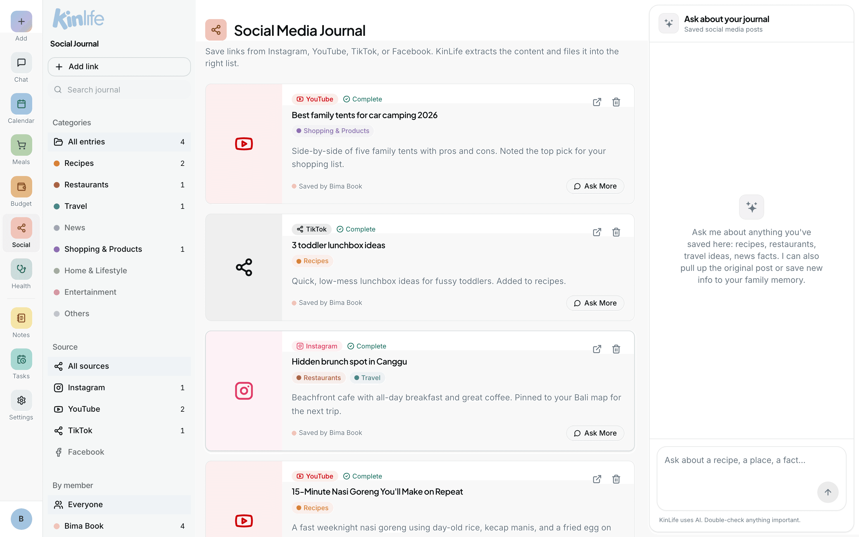 The Social Journal feed: saved posts as cards with thumbnails, summaries, and category chips, plus a sidebar to filter by category, source, and member.